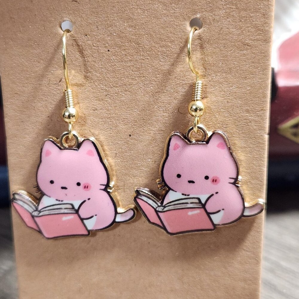 Pink Cat with Book Earrings – Whimsical & Bookish Jewelry
